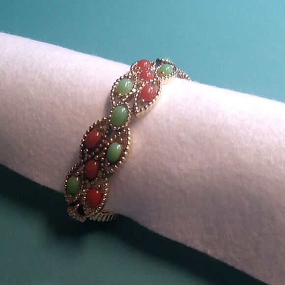 Sarah Coventry Gold Tone Metal Bracelet with Red and Green Accents - Picture 1 of 5